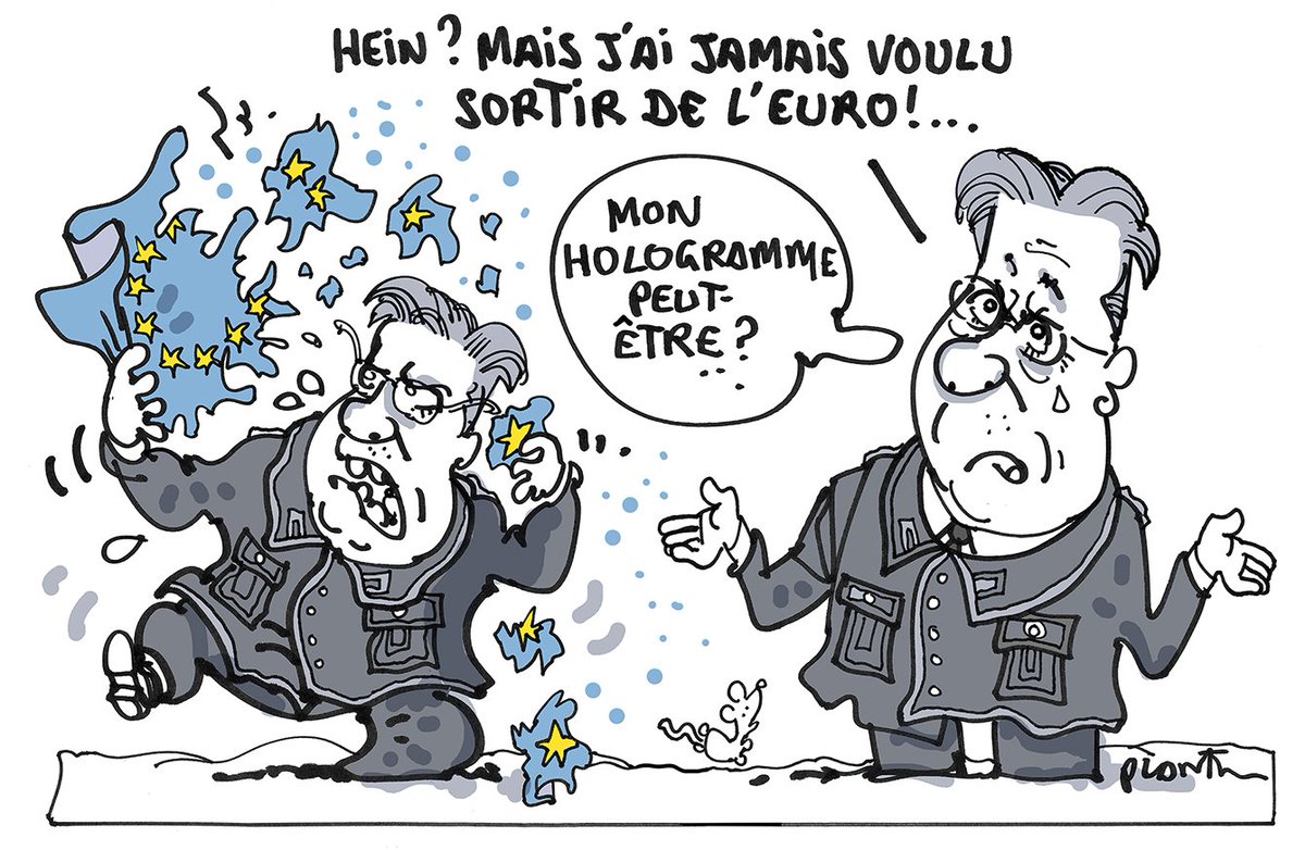 plantu's tweet photo. SORTIR DE L'EURO ? 
Le dessin du Monde daté 21 avril. https://t.co/1eU4QnxRkm