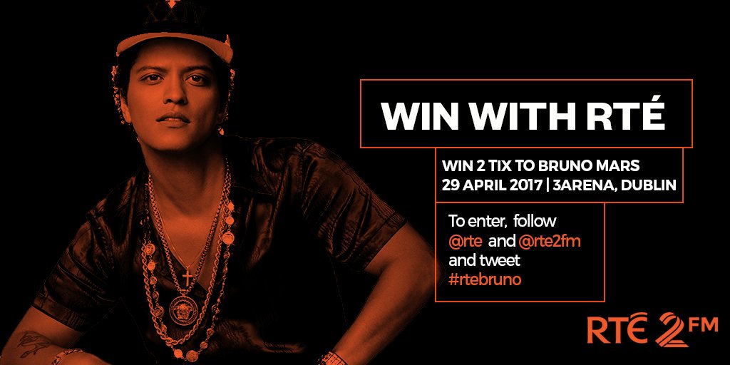 rte's tweet photo. Win 2 tickets to Bruno Mars, @3arenadublin 29th April. To enter follow @rte and @RTE2fm and tweet #rtebruno https://t.co/NxY6lqfTSs