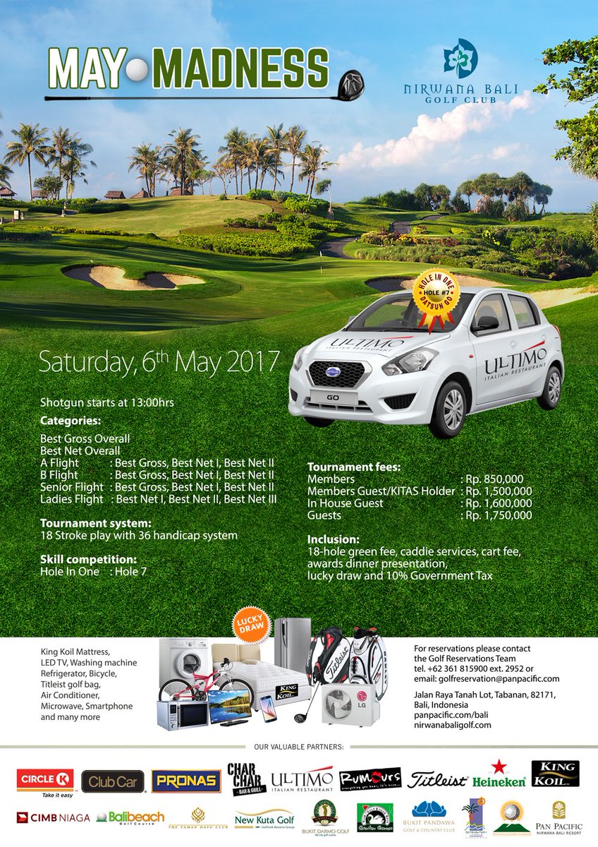 nirwanabaligolf's tweet photo. May Madness, Saturday 6th May, 1pm shotgun. 18 holes stroke play with format system 36 hcp. Please contact the team for more information https://t.co/YU561pfF27