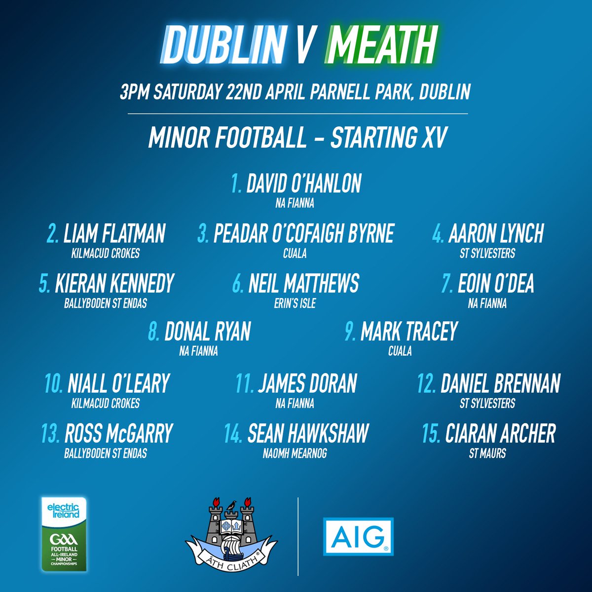 See Dublin's starting XV against <a href="/MeathGAA/">Meath GAA</a> in the 1st round of the <a href="/gaaleinster/">Leinster GAA</a> MFC tomorrow! Throw-in at 3pm in Parnell Park #UpTheDubs