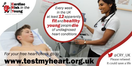 CRY offers free heart screenings to anyone aged 14-35. Visit our website to find your nearest screening #testmyheart testmyheart.org