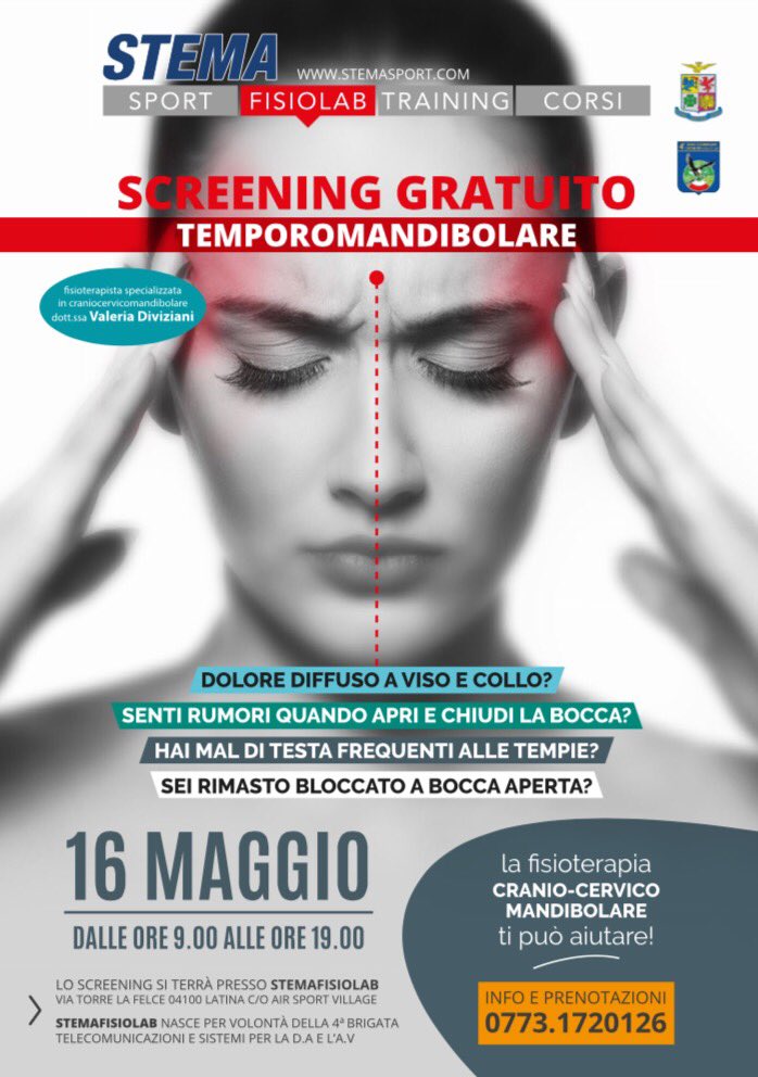 stemafisiolab's tweet photo. #StemaFisiolab il 16 maggio screening temporomandibolare gratuito: dolore diffuso a viso e collo? 
📞07731720126 #cimettiamopassione https://t.co/deB2IkNP2w