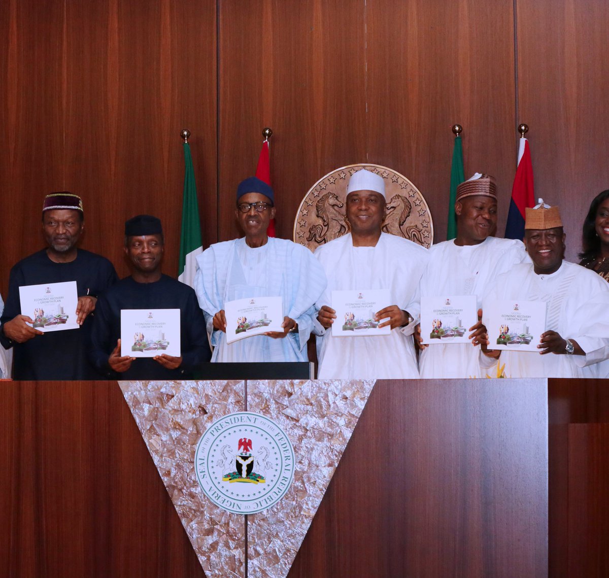 InfoInsightsNG's tweet photo. President @MBuhari, on April 5, 2017, formally launched the Nigeria Economic Recovery and Growth Plan #NERGP at the State House in Abuja. https://t.co/e46MIeHRsz