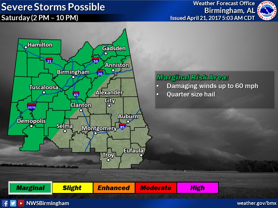 NWSBirmingham's tweet photo. Marginal threat for severe storms Saturday afternoon and evening across Central AL. Main threat will be damaging winds and hail. #alwx https://t.co/YxZSZVQwds