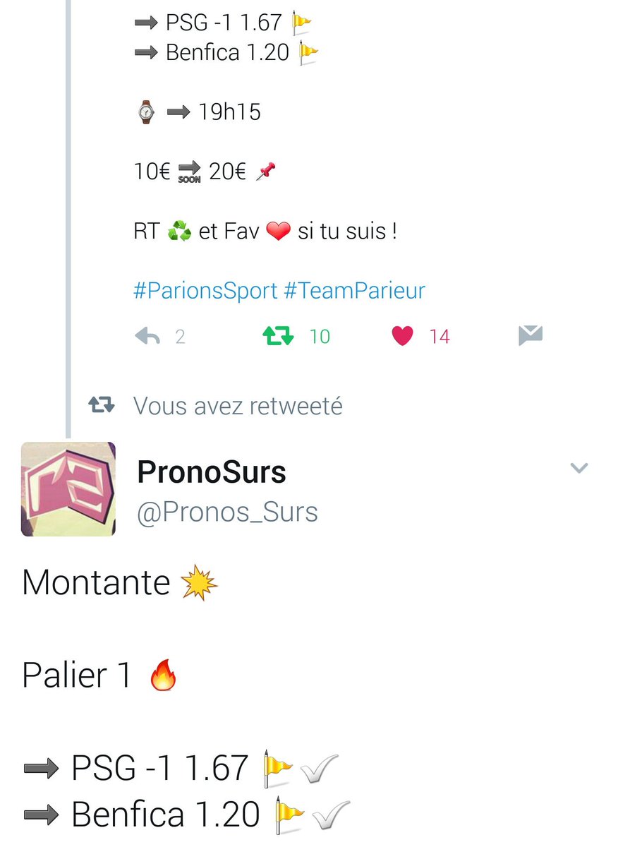 Pronos_Surs's tweet image. MONTANTE RÉUSSIE 👊🚩

10€ ➡ 100€ ✅

Je demande 100 RT ♻ et 100 ❤ et il y aura d'autres projets à venir ! 😁

#ParionsSport #TeamParieur