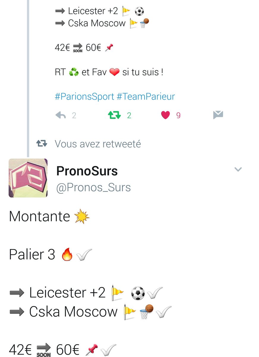 Pronos_Surs's tweet image. MONTANTE RÉUSSIE 👊🚩

10€ ➡ 100€ ✅

Je demande 100 RT ♻ et 100 ❤ et il y aura d'autres projets à venir ! 😁

#ParionsSport #TeamParieur