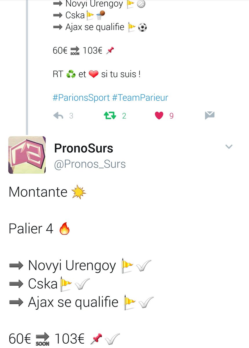 Pronos_Surs's tweet image. MONTANTE RÉUSSIE 👊🚩

10€ ➡ 100€ ✅

Je demande 100 RT ♻ et 100 ❤ et il y aura d'autres projets à venir ! 😁

#ParionsSport #TeamParieur