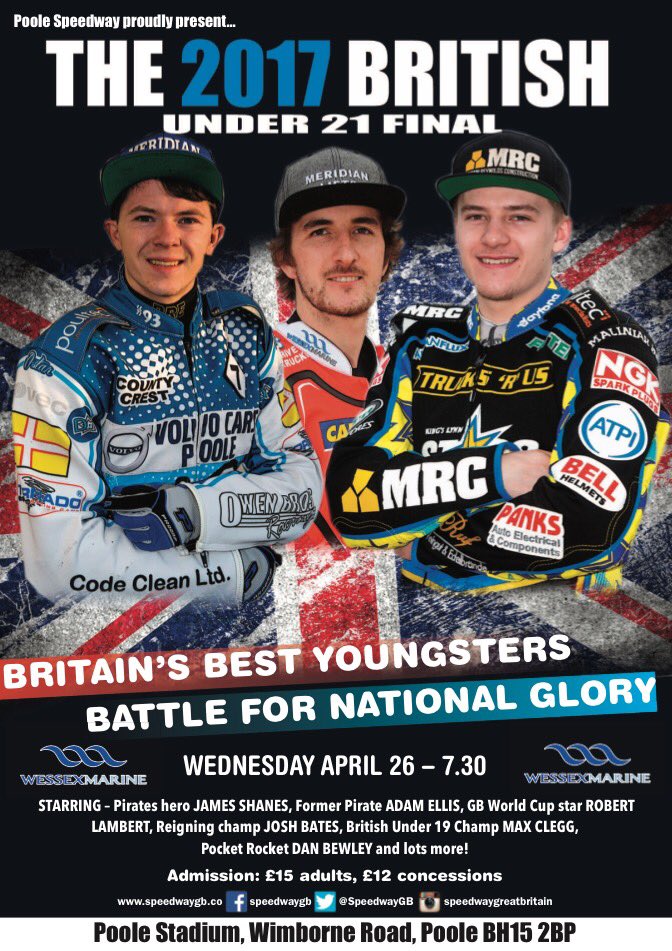 SpeedwayGB's tweet photo. NEXT WEDNESDAY
Don't miss The 2017 British Under-21 Final at Poole - it's going to be something special! https://t.co/X08aRfnYvA