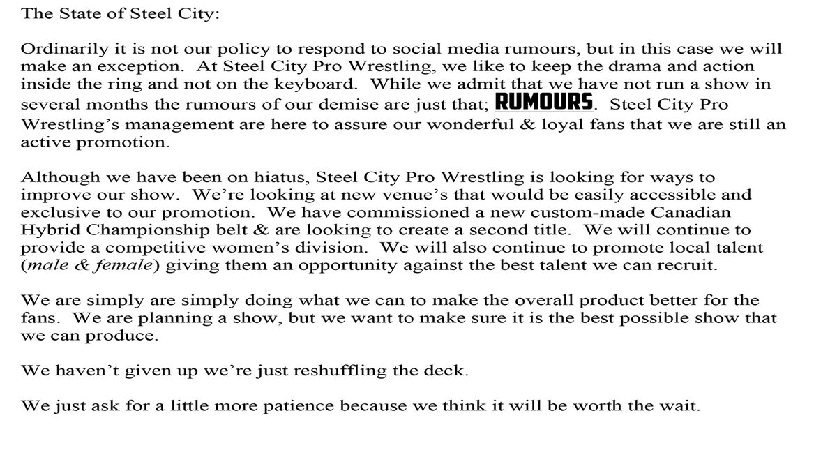 SteelCityPW's tweet photo. For those that prefer to not click the link.

Here's the handy dandy .jpeg of the content on the website.

#SteelCityLives #prowrestling https://t.co/KrtEuIMoj8