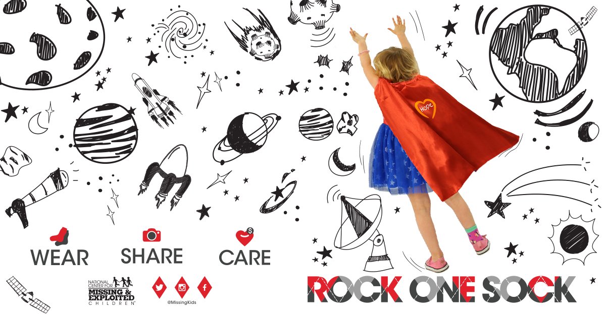 NCMEC's tweet image. Happy #NationalSuperheroDay! Starting Monday, May 1st, you can be a superhero for missing kids. Join us #RockOneSock rockonesock.org