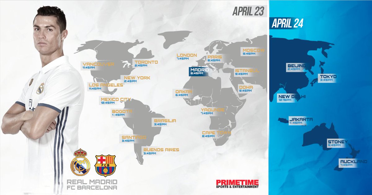 PTimeSports's tweet photo. At what time is the "Clásico" in your country? Real Madrid - FC Barcelona #Primetime #LaLiga #bestsoccergame #welovesoccer https://t.co/Lk1608dhOx