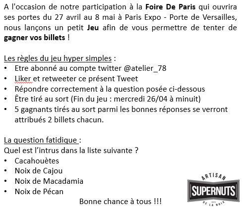 Atelier_78's tweet photo. ⏳📢C'est parti pour tenter de gagner vos billets pour la #FoireDeParis !
#JeuConcours #Quiz #Apéro #AfterWork #MadeInFrance #Paris
⬇️⬇️⬇️⬇️⬇️ https://t.co/8smVMZo0Te