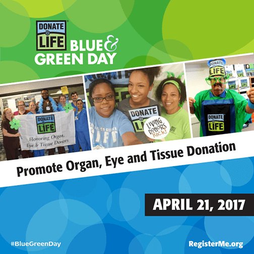 VUMChealth's tweet photo. Today's #NationalBlue&GreenDay, honoring organ donation. Submit your photos wearing blue/green to @DonateLife https://t.co/4EyozBtlie https://t.co/X8qVI9d9Eo