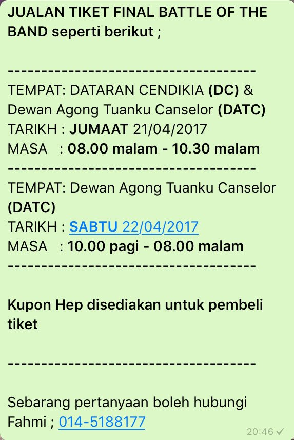 UiTMsa_Perka's tweet photo. Berikut adalah fakulti yang berjaya ke FINAL BATTLE OF THE BAND.
Jualan tiket final botb seperti yang tertera.
#BOTB17 https://t.co/kBaBGVqffa