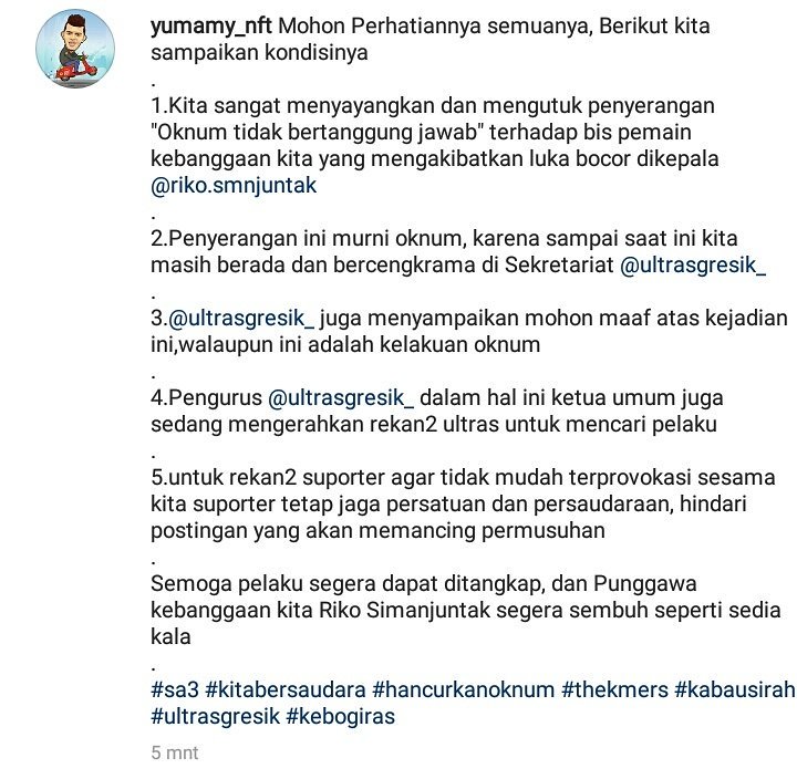 gresikfootball's tweet photo. @IndoSoccer @SemenpadangFCID @spartacks_spfc mohon jgn ada yg terprovokasi https://t.co/EGFb85bCW4