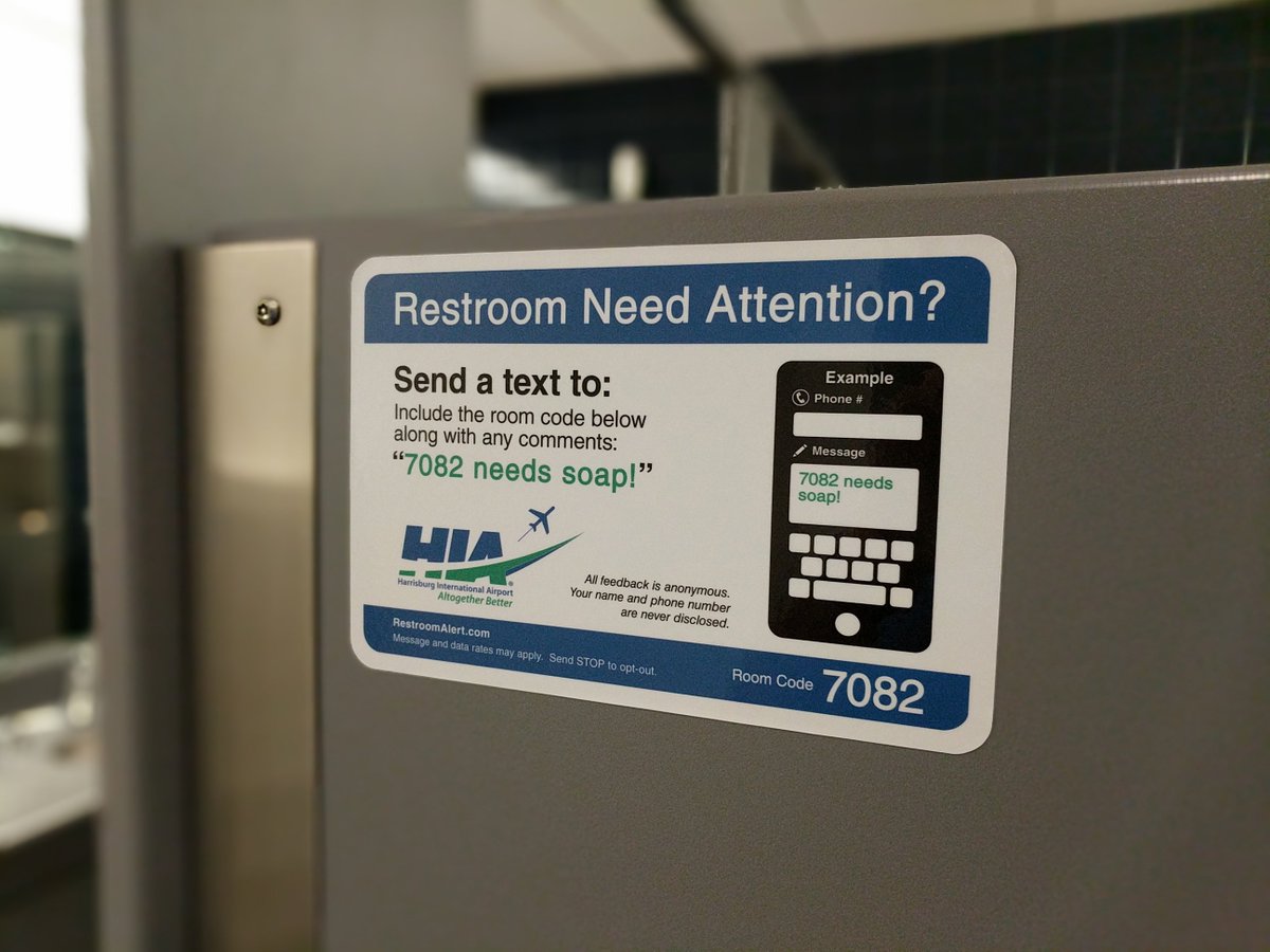.@flyhia is using the <a href="/RestroomAlert/">Restroom Alert</a> system in airport bathrooms. Passengers can text an anonymous message directly if there is a problem!