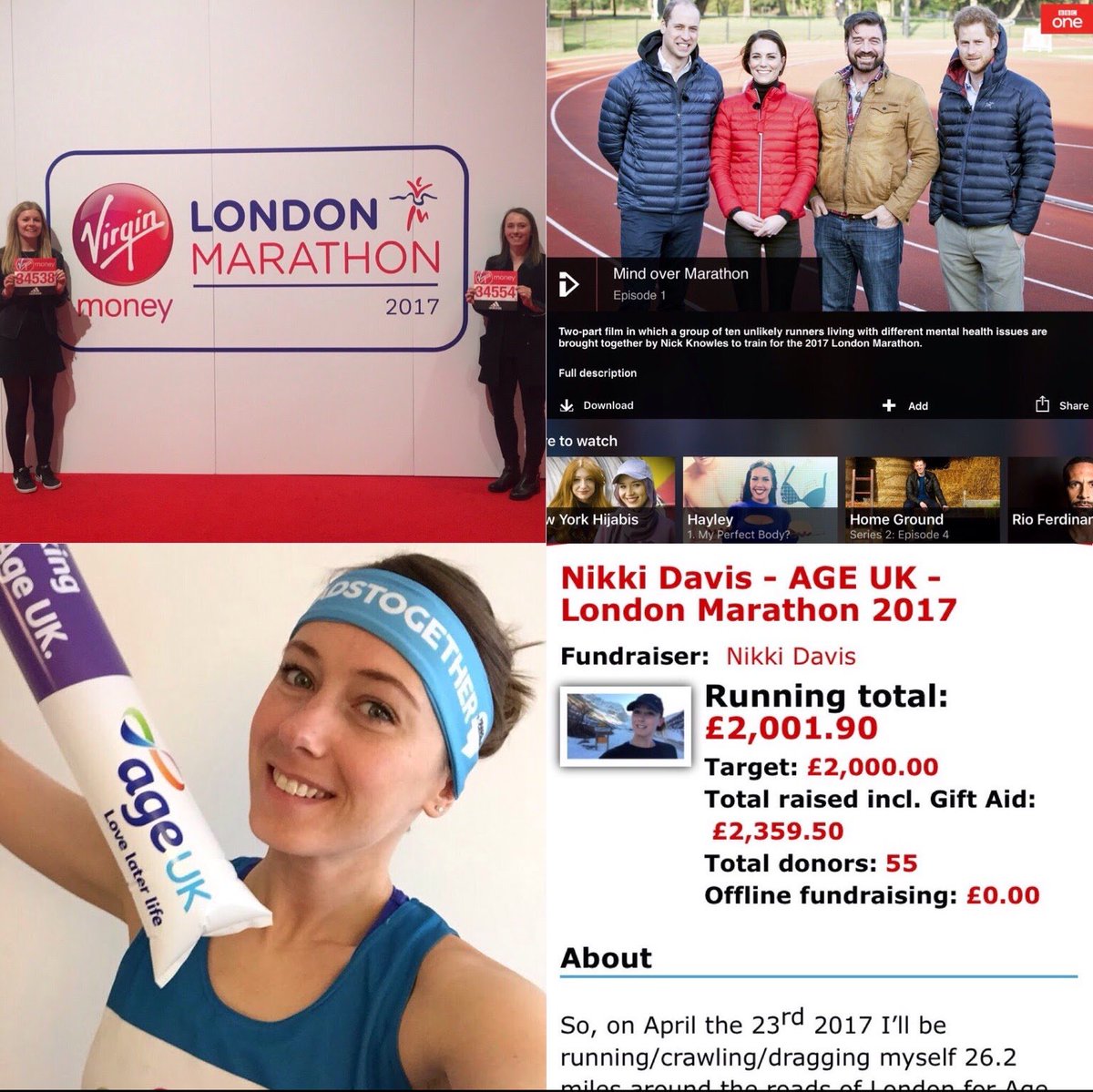 nikkijdavis's tweet photo. Got my number, watched Mind Over Marathon,£2000 in sponsorship! #londonmarathon #vlm2017 #headstogether #teamAGEUK 
 https://t.co/7T9kM4qla4 https://t.co/KGlZ4xL4Ma