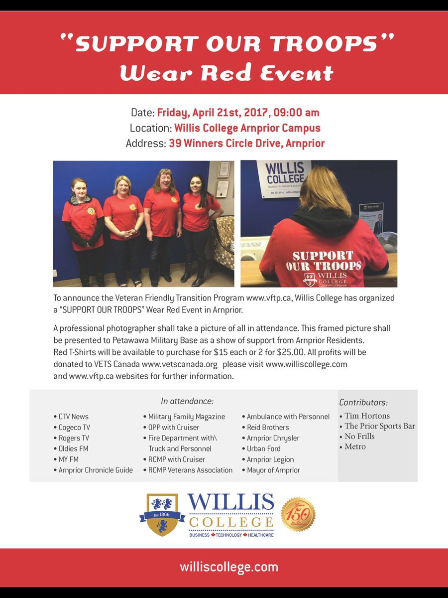 CareerFairCAN's tweet photo. In recognition of the #VeteranFriendlyTransitionProgram, @WillisCollege has organized a #SUPPORTOURTROOPS Wear Red Event in #Arnprior! https://t.co/fA1z95kHag