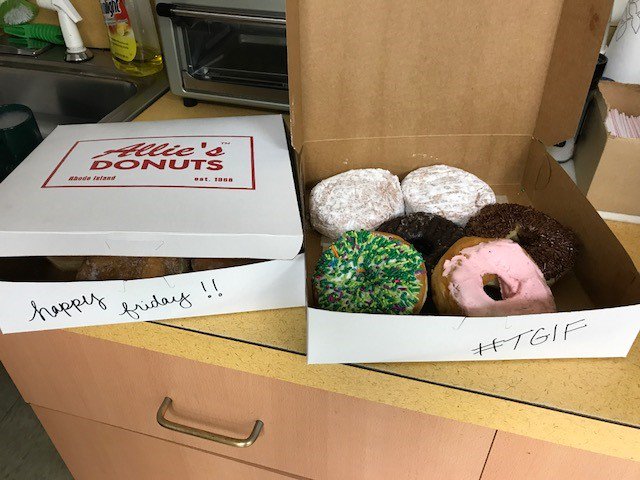 TThompsonRI's tweet photo. Happy Friday, arrived this rainy morning to quite the surprise!#gpymca Coffee and Allies Donuts, yum! #TGIF https://t.co/mKHxdZKJ2q