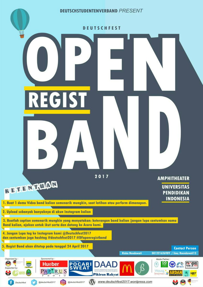 🎼 Let's play the beat! 🎼

Open Regist Band

🎻🎷 Kamu punya band? 🎸🎹

Kami mengajak band kamu untuk berkontribusi di acara Deutschfest 2017!