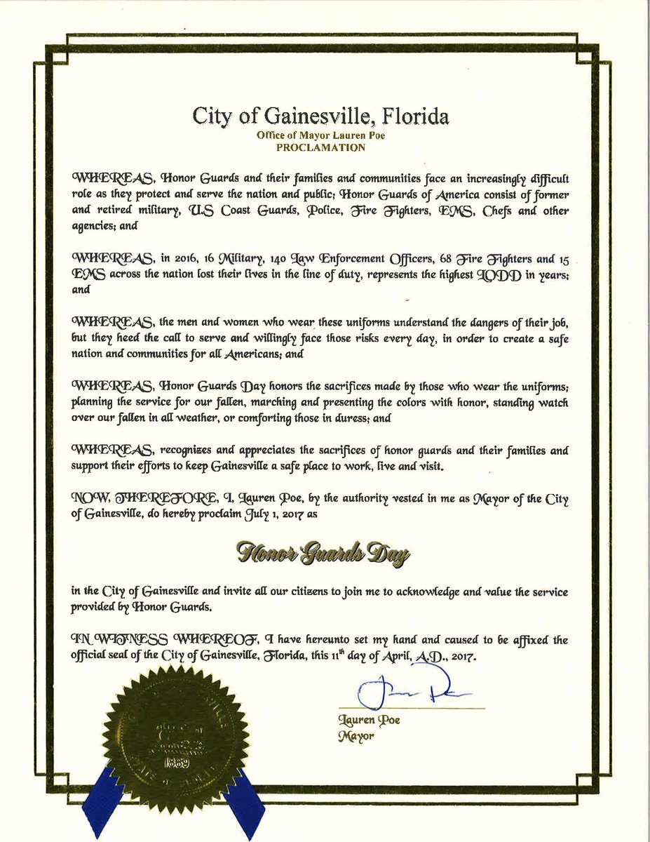 HonorGuardsIntl's tweet photo. Thanks Mayor #LaurenPoe and the #CityofGainesville #Florida for supporting all #Gainesville #honorguards on July 1st for #HonorGuardsDay https://t.co/G9Mm9YJhvX