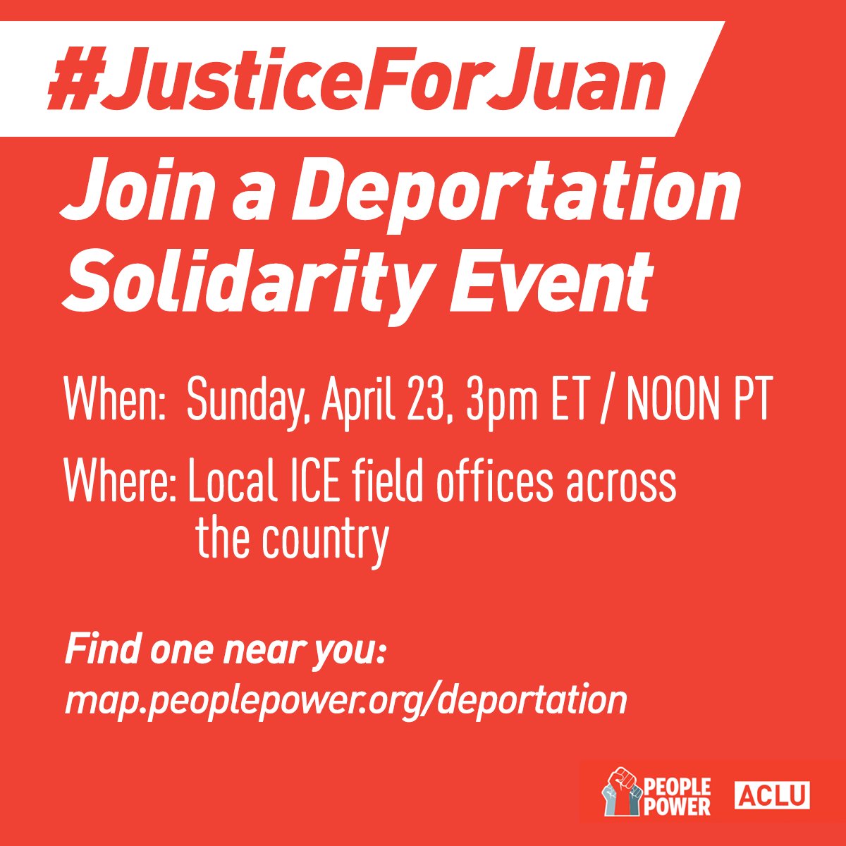 peoplepower's tweet photo. Rally with us to tell @ICEgov that we demand #JusticeForJuan. Ours cannot be a nation that tears apart families.
https://t.co/SD4JYVIrsW https://t.co/FVV4qR2DBY