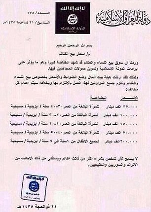 randy08452819's tweet photo. The price for Yazidi or Christian women between the age of 40 – 50 is $43 $75 for 30 to 40-year-olds$86 for 20 to30-year-olds$130.Girls $172 https://t.co/YWTnlkGJ0C