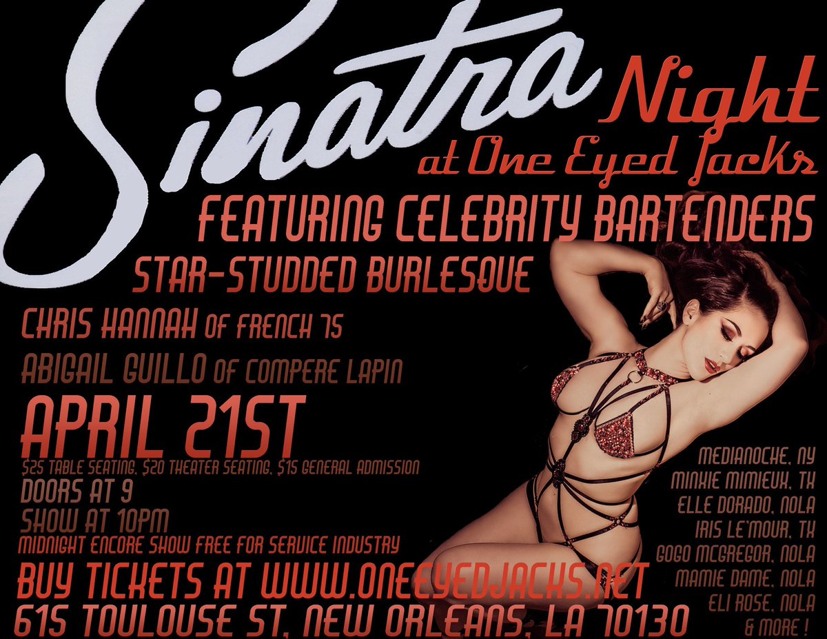 French 75 is bartending w/ Abigail Gullo tonight at One Eyed Jacks, come by for drinks and Burlesque!