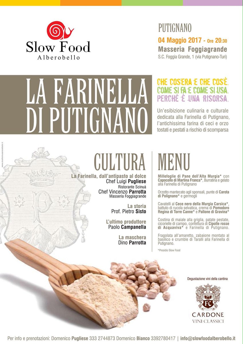 #SaveTheDate » 4 maggio, #Putignano (BA): alla scoperta della #farinella. Percorso cultural-storico-culinario firmato #SlowFoodAlberobello.