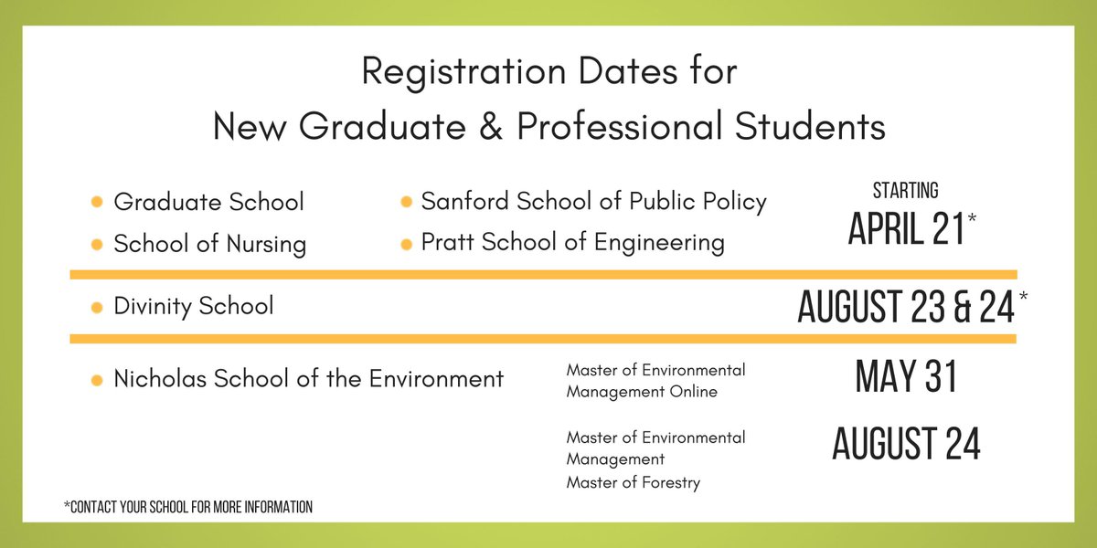 DukeRegistrar's tweet photo. New grad/prof students can register for Fall 2017 starting today. See your school for more info about your #DukeEnroll appointment https://t.co/YFq8la9jS0