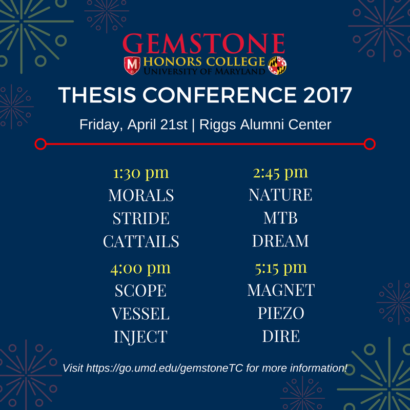 GemstoneProgram's tweet photo. Today's the day for #ThesisConference17! Hear our senior teams' thesis defenses at @riggscenter! More info: https://t.co/2e2xUuxW8x https://t.co/0qn5iqIR1z