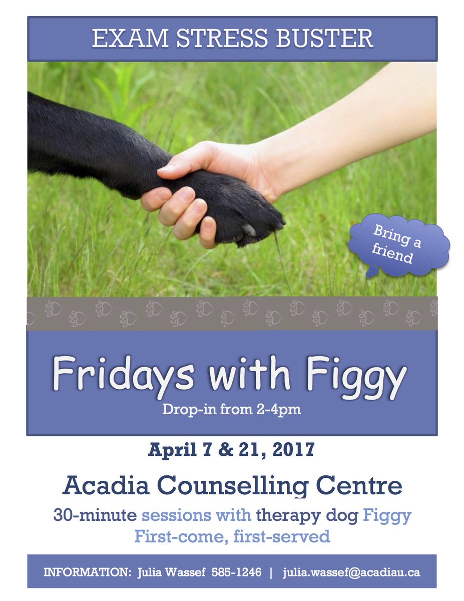 SRCAcadia's tweet photo. The last Fridays with Figgy is happening today from 2-4 at the @AcadiaU SRC , drop in and relieve some last exam stress with a therapy dog! https://t.co/CwgahhQkS0