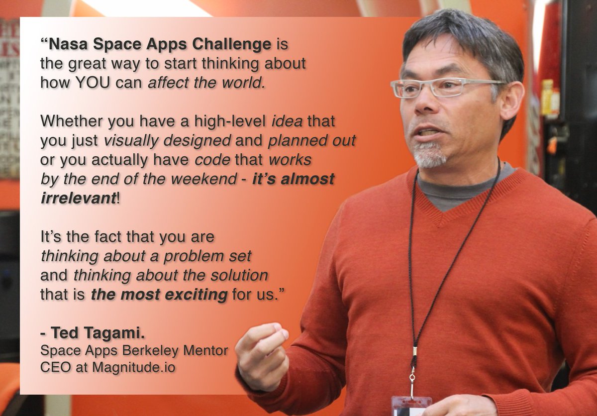 CodeBerkeley's tweet image. Ted Tagami urges you to affect the world with #SpaceApps_Berkeley this April 29th-30th! Register today: bit.ly/2nYpJdV