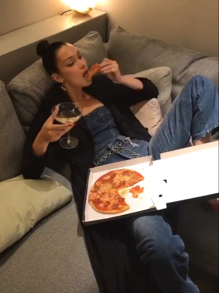 MTV's tweet photo. friday mood ft. @bellahadid 🍕🍷 https://t.co/meildn4nor