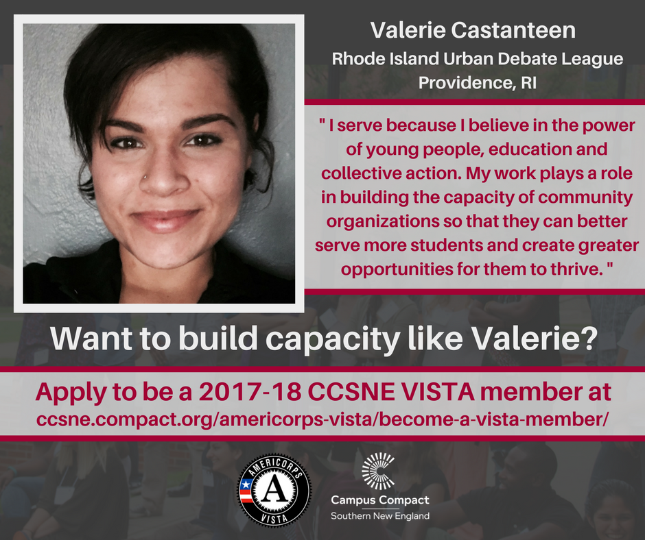 RICampusCompact's tweet photo. Valerie Castanteen, 2016-17 @RICampusCompact member serving at @ri_udl, sharing her thoughts on @AmeriCorpsVISTA: https://t.co/EY6c9qzegf