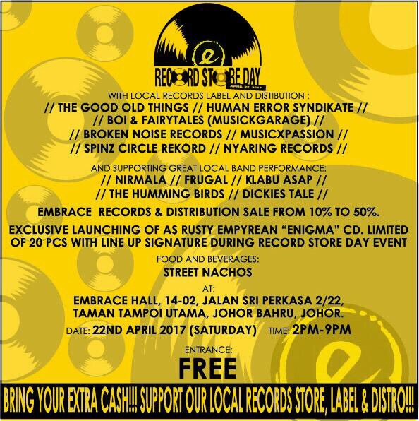 Jenn_Thompson's tweet photo. #JOHOR TODAY Apr22 RECORD STORE DAY 2-9pm @embracehallJBs ft performces by @frugalband @hummingbirdsjb #Nirmala #KlabuAsap #DickiesTale https://t.co/c8cMcj7IWu