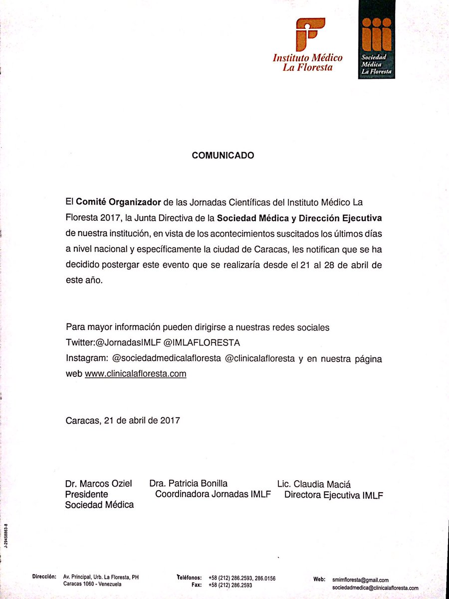 JornadasIMLF's tweet photo. Comunicado!! Favor leer y #RT Anunciaremos los próximos días la nueva fecha de nuestras #jornadascientificas #jornadasIMLF #tusaludnosune https://t.co/lCK1KyZM0C