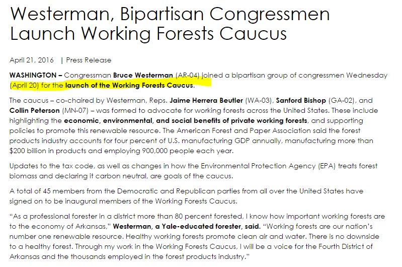 One year ago yesterday <a href="/RepWesterman/">Rep. Bruce Westerman</a> <a href="/SanfordBishop/">Sanford Bishop, Jr.</a> and <a href="/collinpeterson/">Collin Peterson</a> launched the #workingforest caucus. Is your representative there?