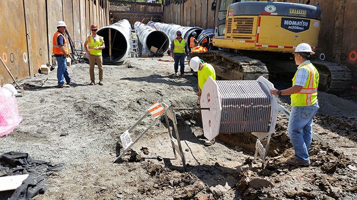 Geocomps Justin Robichaud installs 200' SAA under articulating jointed pipe section for Penitencia seismic retrofit project in Santa Clara