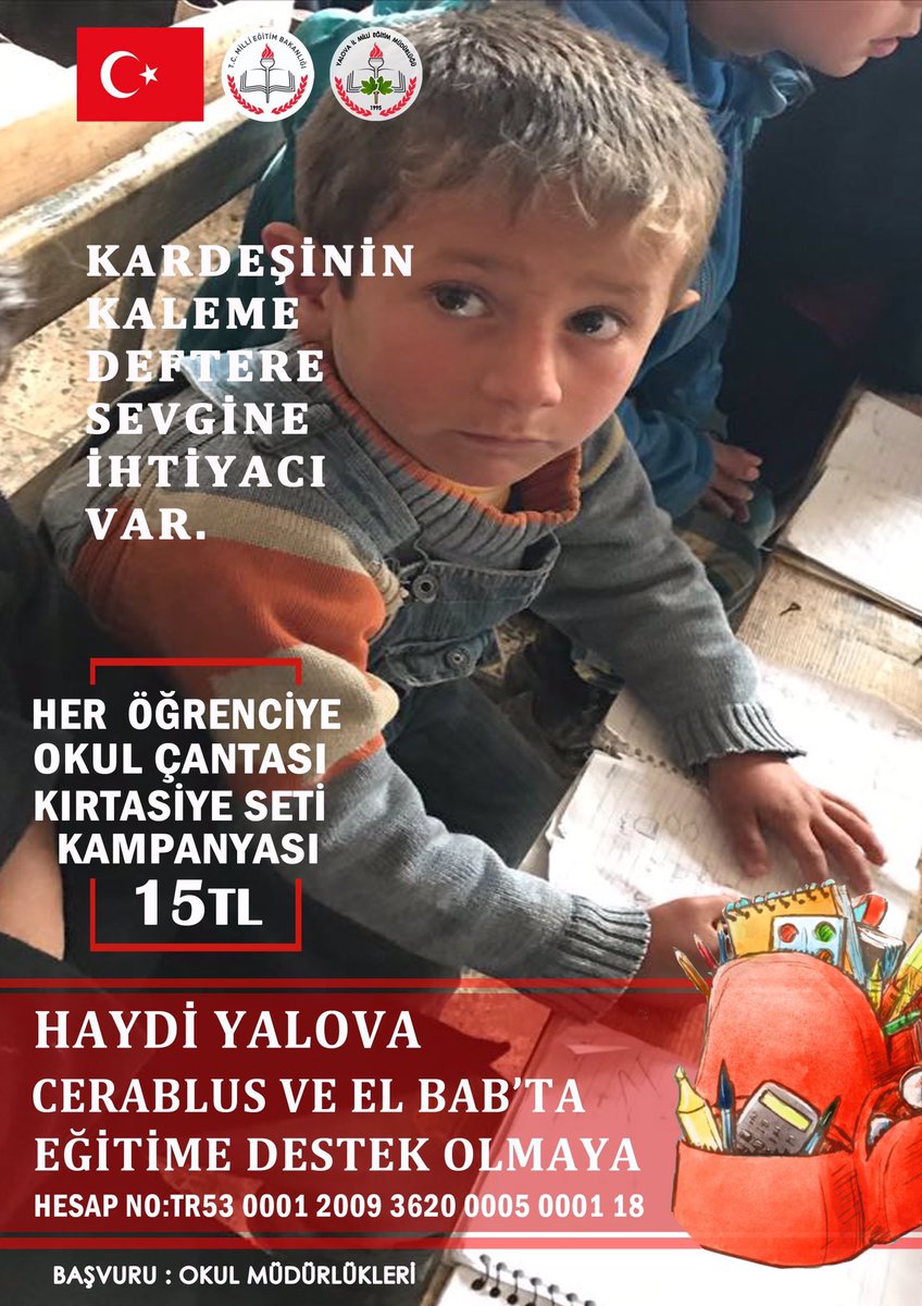 Haydi Yalova Cerablus ve El Bab'ta eğitime destek olmaya kampanyası ile 11177 öğrenciye kırtasiye seti için toplam 167655 TL yardım toplandı