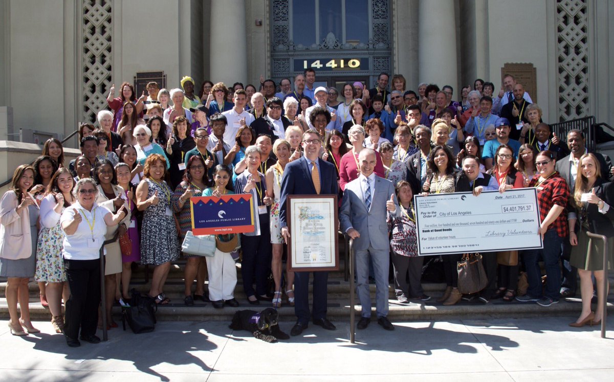 LAPublicLibrary's tweet image. Our more than 6,250 volunteers contributed $4,401,791.37 worth of service to Los Angeles Public Library in 2016.