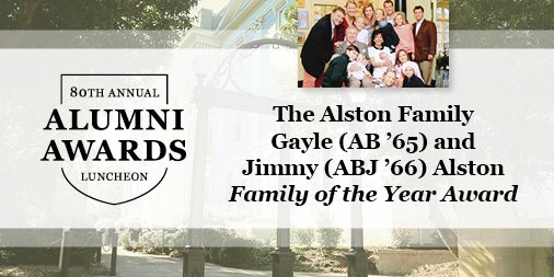 ugaalumniassoc's tweet image. This year's Family of the Year Award goes to Jimmy and Gayle Alston, whose lifetime of support can be felt across UGA's campus. #UGAHonors