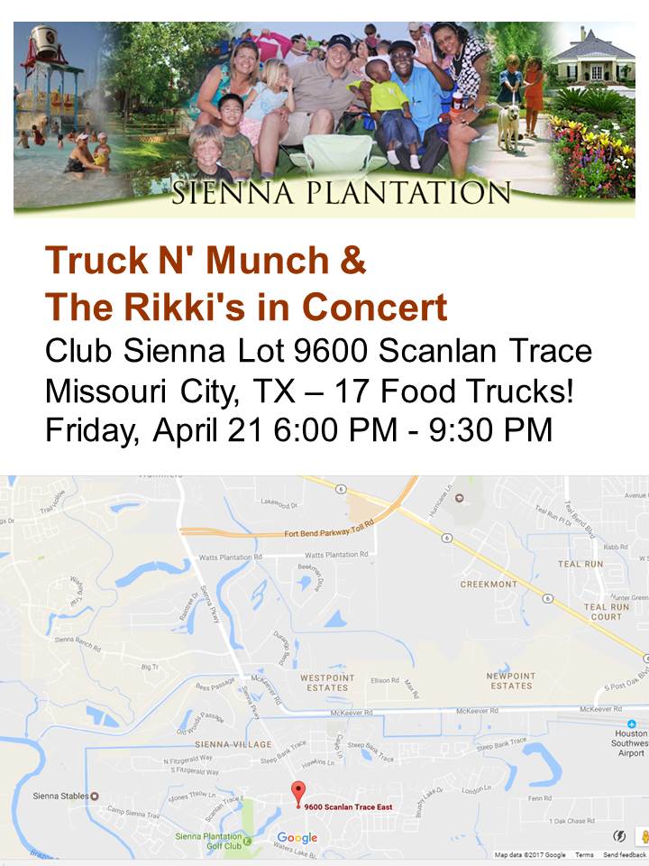 Tonight at Sienna Plantation
17 Houston Food Trucks 
Truck N' Munch 4/21 6-10pm
9600 Scanlan Trace <a href="/MissouriCityTX/">Missouri City, TX</a> @Sienna_Dev