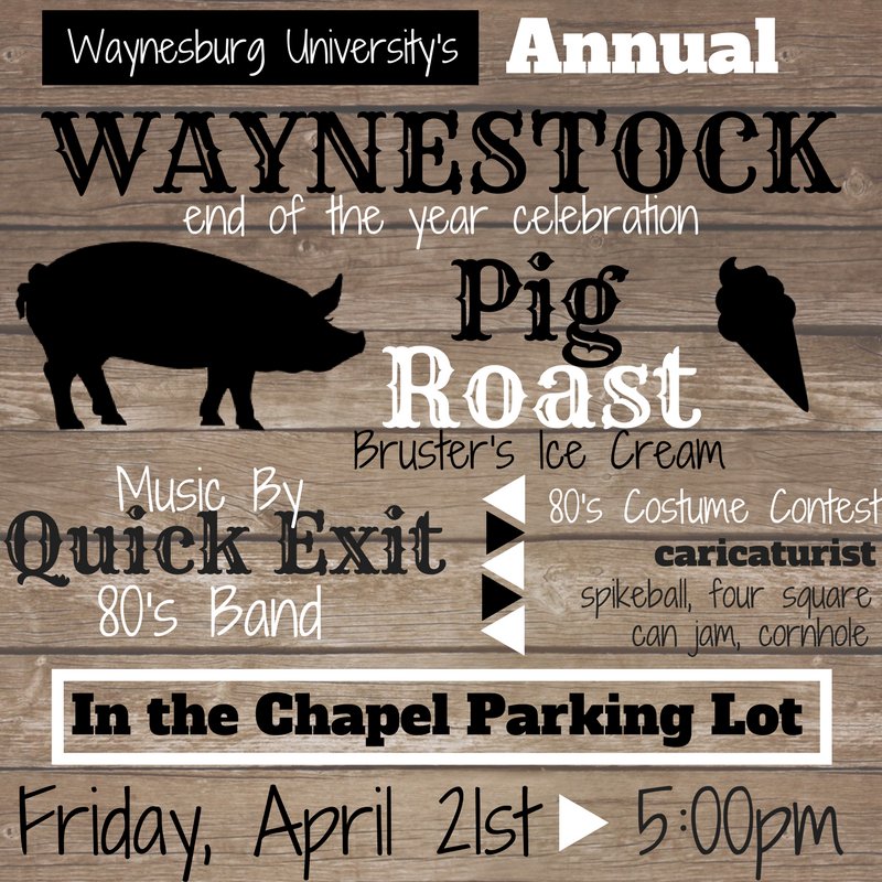 WU_SAB's tweet photo. Don't miss Waynestock today at 5pm in the Chapel parking lot! #80sCostumeContest #pigroast #WUsab 🐖🐝 https://t.co/c9KC0S9Rae
