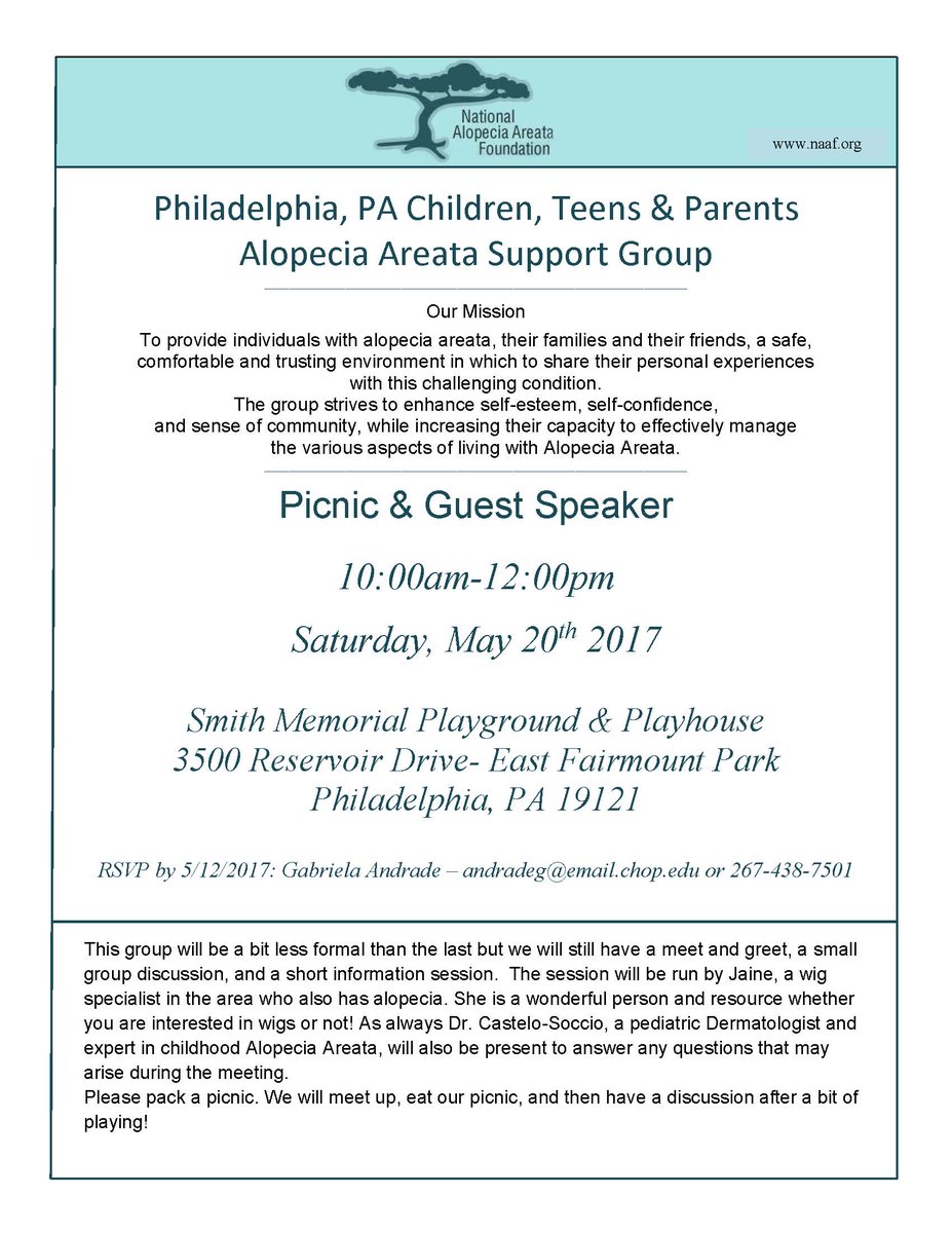 NAAF_org's tweet photo. Philadelphia, PA teens and parents support group has picnic and guest speaker on Saturday, May 20.
#naaf #alopecia #SeeUs https://t.co/skjYyj53XP