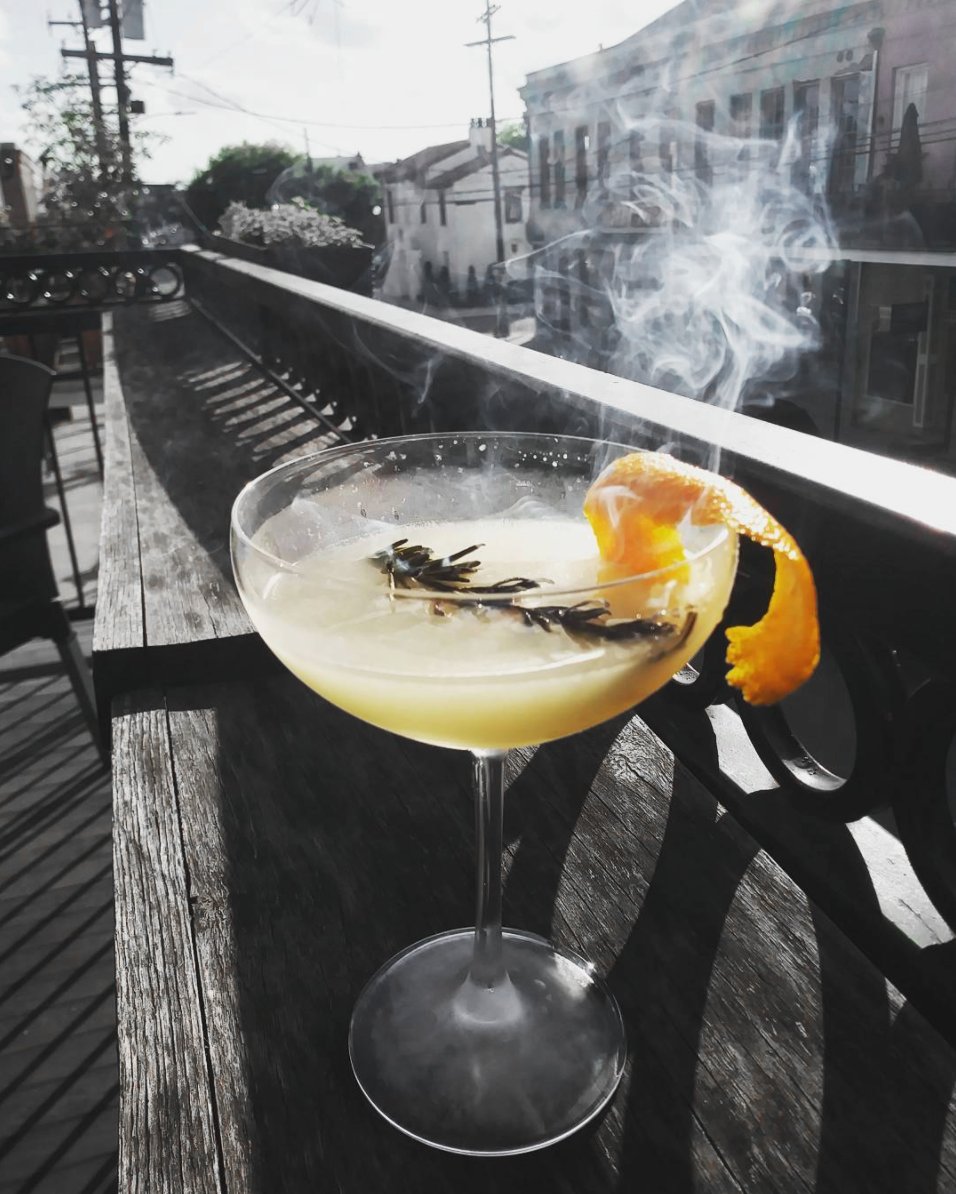 RootNOLA's tweet photo. Aladdin Sane - Vodka, Blood-Orange infused Nigori Sake, Dry Curacao, Torched Rosemary. Regram @waitesphoto. #RootNOLA #NOLAdrinks #Sake https://t.co/4gMdGWPFsd