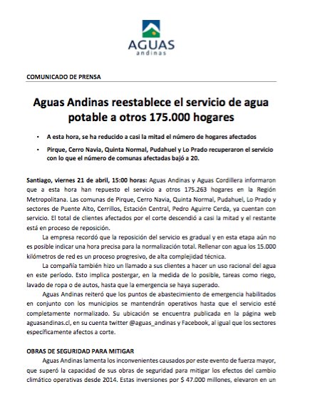 aguas_andinas's tweet photo. #AAInforma Aguas Andinas reestablece el servicio de agua potable a otros 175.000 hogares. https://t.co/dc0GfnLIWP