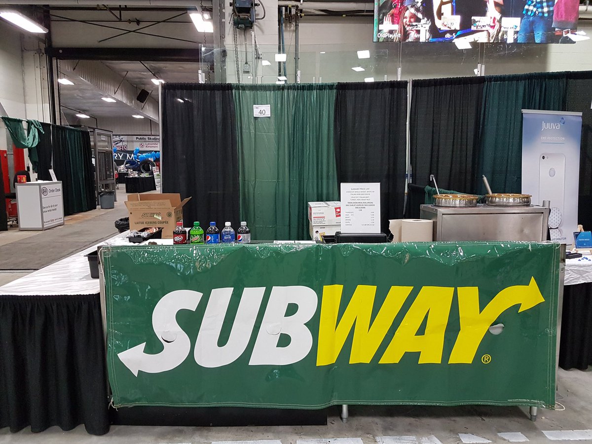 LacombeSubway's tweet photo. We are all set up and ready to go for the @LacombeChamber trade show powered by @LacombeFord Doors open at 2 pm. Come by for a soup and sub! https://t.co/rgc5XwWk6S