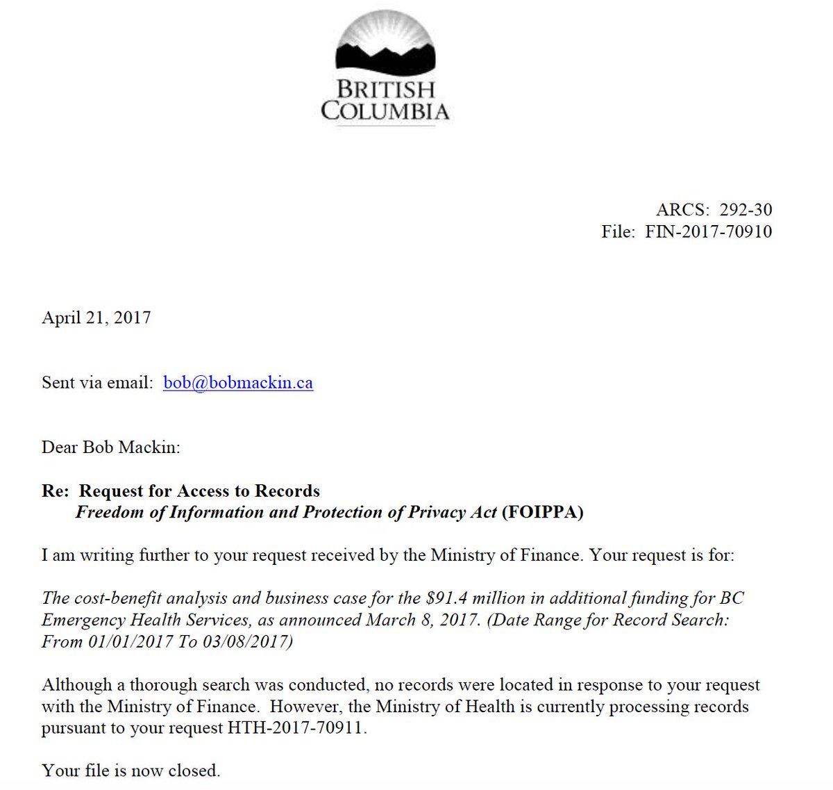 What's going on, de Jong? #NoRecords about a $91.4M pre-election announcement. #bcpoli #bcelxn17 #cdnfoi #FOIAFriday