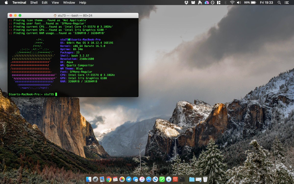 stu73's tweet image. Trying out #ScreenFetch on my MacBook after the @TheAlmightyWord told me about it today... #homebrew #bash